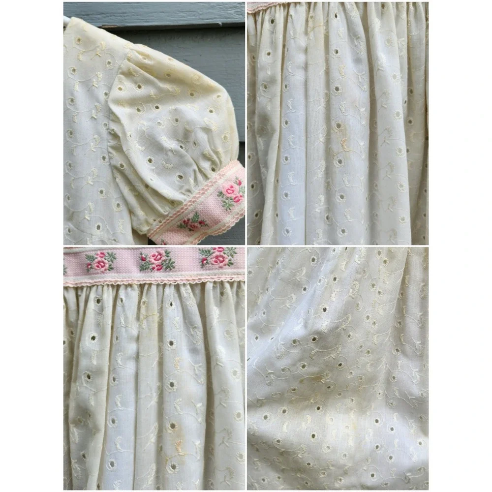 Vintage 70s Eyelet Lace Maxi Dress White Pink Floral Prairie Cottagecore Girl 10